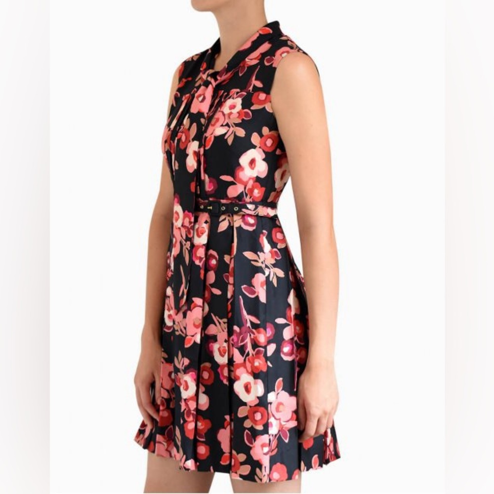 Kate Spade New York Shadow Bud Black and Pink Silk Print Pleated Floral Dress - Picture 8 of 16